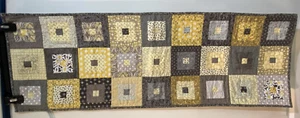 Vtg Handmade Quilted Table Runner Gray Yellow Patchwork Block Farmhouse 15X42.5" - Picture 1 of 9