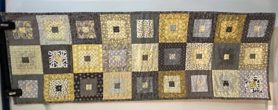 Vtg Handmade Quilted Table Runner Gray Yellow Patchwork Block Farmhouse 15X42.5" - Image 1 of 4