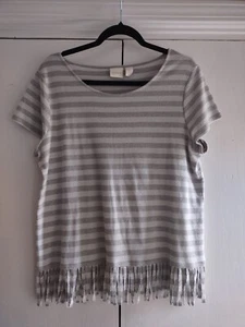 Chico's Gray Metallic Stripe Fringe Hem Short Sleeve Top Size 2(12/14)  - Picture 1 of 8