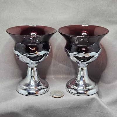 "2 copas Art Deco Farber Bros. NY de vidrio amatista de 4"" cordiales en mangas plateadas" Foto 1 de 4