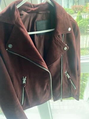 All Saints Dalby Suede Cherry Oak Red Biker Zip Jacket Size 8 - Image 1 of 4