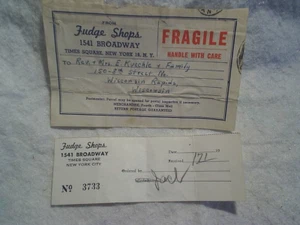 1955 FUDGE SHOPS TIMES SQUARE BROADWAY NEW YORK CITY ORIGINAL ETIKETT UND EMPFANG - Bild 1 von 3