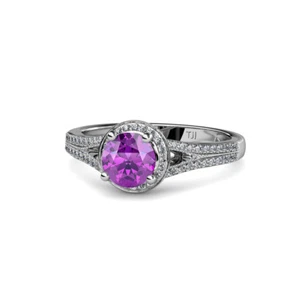 1.45 ct tw Natural Round Diamond and Amethyst Halo Engagement Ring in 14K Gold - Picture 1 of 4
