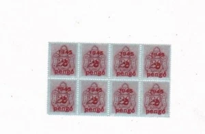 1945 MAGYAR, HUNGARY 20 FILLER STAMP BLOCK OVERPRINT 2 PENGO BLOCK OF 8 - Picture 1 of 2