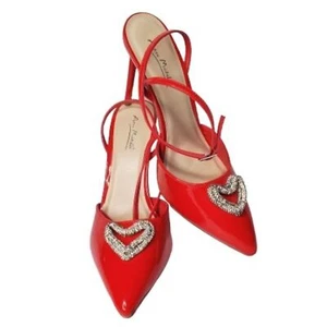 Anne Michelle Red Pointed Toe Ankle Strap Stiletto Heel with Rhinestone Heart . - Picture 1 of 5