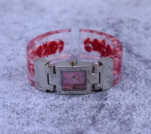 Women's Analog Watch Pink Floral Cuff Band - Picture 1 of 10