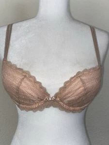 Chantelle Lace Bra 34B Light Padding Taupe Pink Bow Underwire - Picture 1 of 9