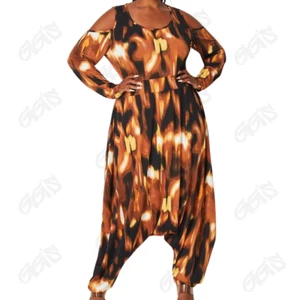 ILLORD Pant Suit Women Plus 1x 2x 3x Brown Abstract Flower Barrel Dressy Loud - Picture 1 of 7