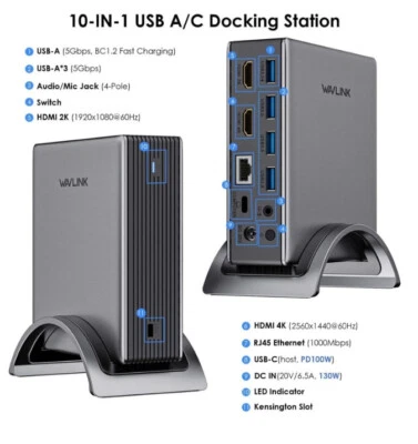 WAVLINK 10 en 1 USB3.0 HDMI Estación de Acoplamiento Universal PD100W, 4K Doble Monitor Foto 1 de 4