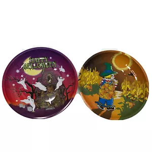 Metall Servierplatte Tablett Halloween Spukhaus Vogelscheuche Kürbisse Geister Set 2 - Bild 1 von 11