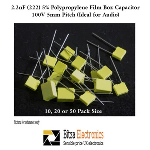 2.2nF 100V 5% Polypropylene Film Box Capacitor 5mm Pitch 10x 20x 50x Pack Sizes - Picture 1 of 1