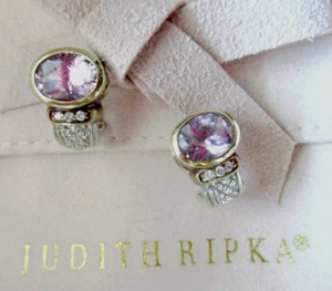 Judith Ripka JR TWO 925 SS & 18K Gold Pink Quartz and Diamond Pierced Earrings - Picture 1 of 13