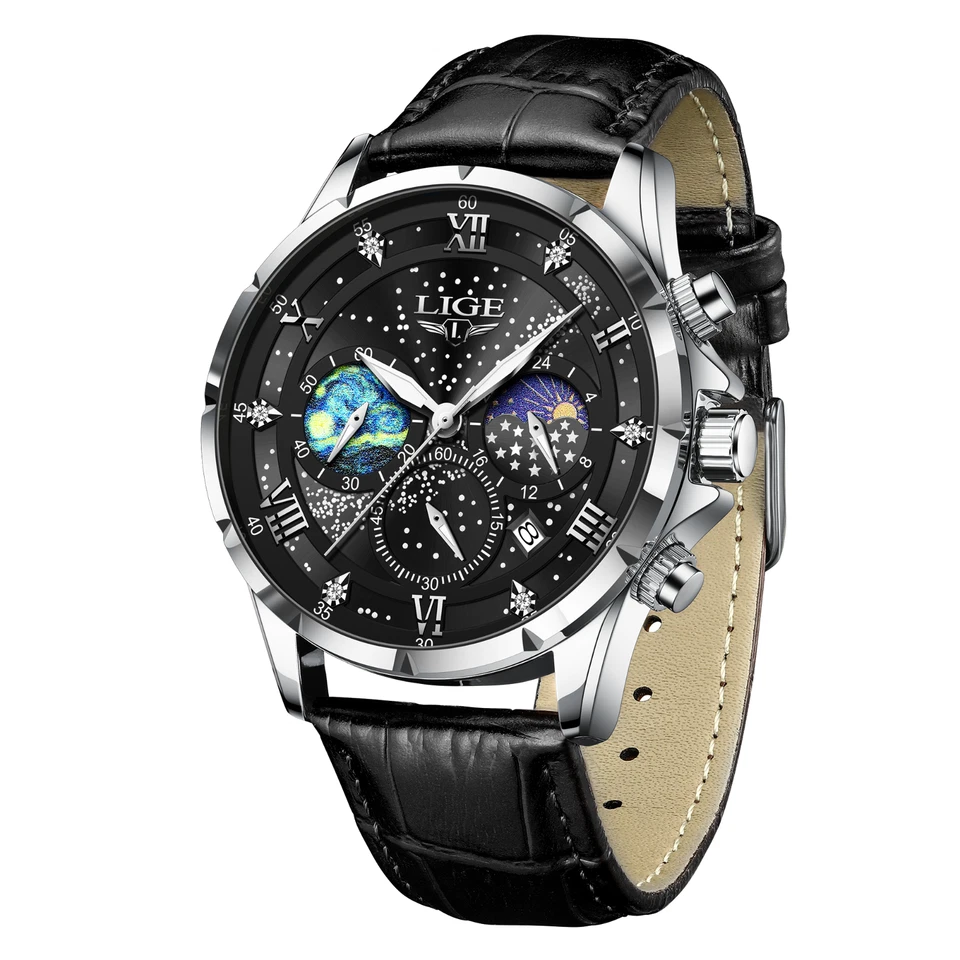 - LIGE LG89107 Men's Sport 42mm Chronograph Date Moon phase Leather