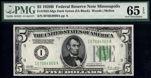 1928B D.G.S $5 FRN MINNEAPOLIS P.M.G #65EPQ - Picture 1 of 3