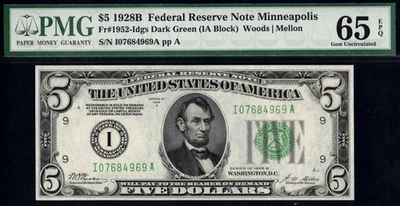 1928B D.G.S $5 FRN MINNEAPOLIS P.M.G #65EPQ - Image 1 of 3