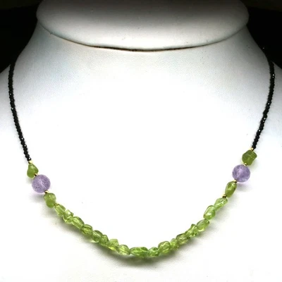 925 Sterling Silver Green Peridot, Amethyst, Spinel & Beads Necklace 19 in - Image 1 of 4