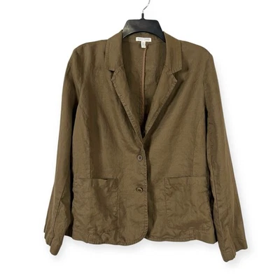 Eileen Fisher Petite Large Linen Jacket PL Button Front Pockets Olive Green - Image 1 of 4