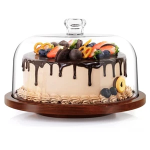 Cake Stand with Acrylic Dome, Rotating Cake Plate Acacia Wood Cake Stand with... - Picture 1 of 7