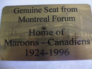 MONTREAL FORUM ARENA STADION SITZ PLAKETTE HEIMAT DER KASTANIENBRAUNEN - KANADIEN - Bild 1 von 1