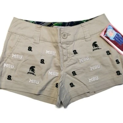 NCAA Michigan State Spartans Womens Khaki Embroidered Game Day Shorts Lady Sizes - Image 1 of 4