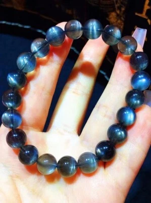 Pulsera de cuentas redondas de piedra solar de cristal negro natural genuino 9 mm AAAA Foto 1 de 4