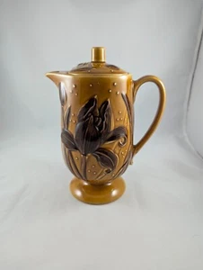 Vintage Ceramic Teapot Pedestal Base Yellow Glazed Embossed Floral - Picture 1 of 7