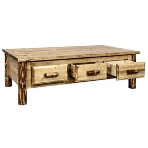 LOG Coffee Table with 6 Drawers LOWBOY TABLES Amish Made Lodge Cabin - Picture 1 of 7