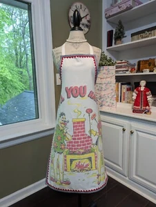 VTG 100%cotton/USA WHITE FULL BIB APRON w/CUTE COOKING COUPLE/new border trims - Picture 1 of 8