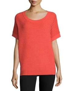 Lafayette 148 New York Size Small Orange Short-Sleeve Waffle-Stitch Sweater Top - Picture 1 of 13