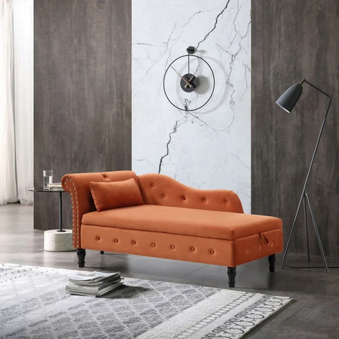 Velvet Tufted Chaise Lounge Velveteen Chair Couch Buttons Trim w/ Storage Bench Cover