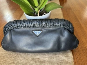 Prada Black Nappa Leather Ruched Trim Clutch - Picture 1 of 7