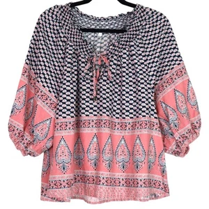 C&C California Boho Peasant Top Blouse Boxy Linen Blend Coral Black Paisley S - Picture 1 of 9