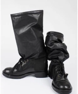 CHANEL 11A $1450 BLACK COMBAT CAP TOE LEATHER BOOTS CC LOGO SZ IT 38.5 US 7.5 - Picture 1 of 24
