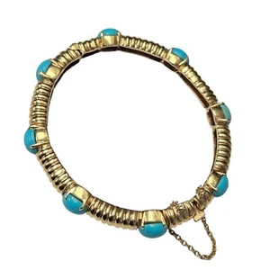 Vintage 14k yellow Turquoise bangle bracelet Ribbed Estate - Picture 1 of 5