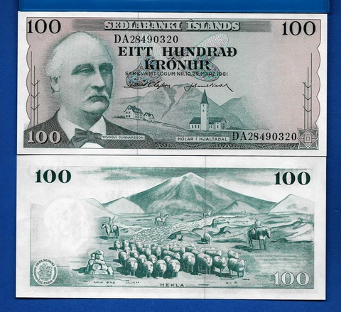 Iceland 100 Kronur Year L.1961 Uncirculated World Paper Money Currency Banknote Cover