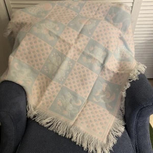 Nod Togs Babydecke rosa blau Fransen Acryl Hund Katze Blumen Kuh Mond Vintage 60 70 - Bild 1 von 11