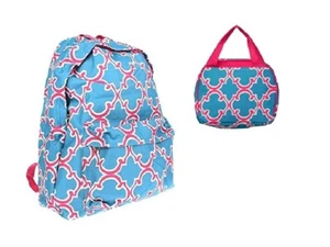 Girls Quatrefoil Backpack Lunchbox Clover Book Bag Lunch Case Set Pink Blue - Picture 1 of 4