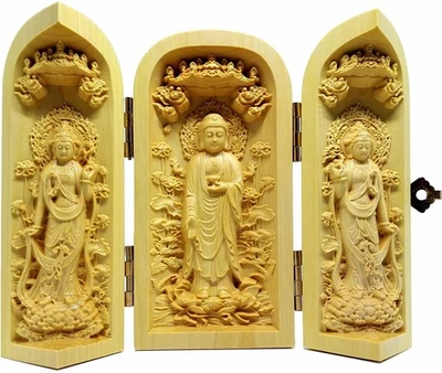 Santuario de Bolsillo Buda Amitabha de Boj Tallado a Mano 3 Deidades Dorado Japón NUEVO Foto 1 de 3