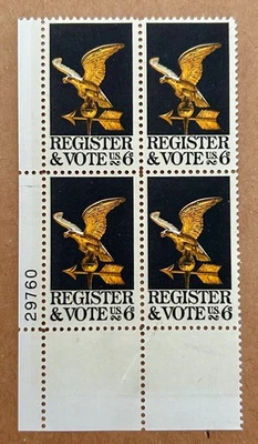 Sc #1344 Reigster and Vote, 1968 US 6c Stamp Block, og, mnh, vf/xf - Image 1 of 2