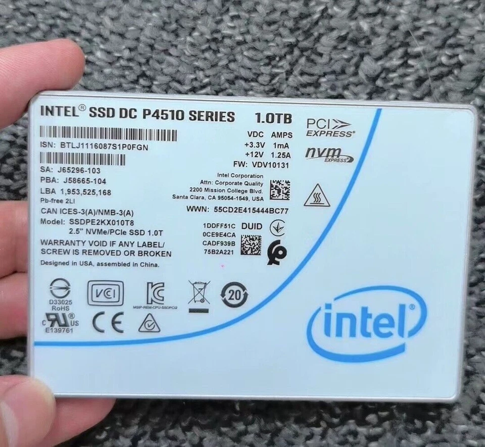 1TB Intel SSD P4510 Series DC U.2 SSDPE2KX010T8 VDV10131 2.5" NVMe/PCle sSD 1.0T - Image 1 of 4