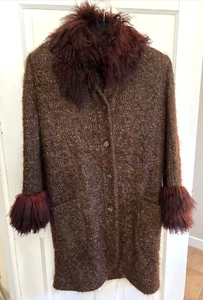 EMANUEL UNGARO MOHAIR MANTEL MIT LAMMFELLBESATZ ITALIEN M L MUSTER VINTAGE BURGUND - Bild 1 von 13