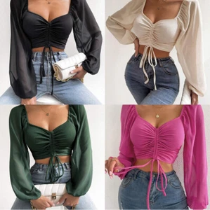 Camisas blusas para mujer abullonadas de manga larga informales con cuello en V con cordón - Imagen 1 de 30