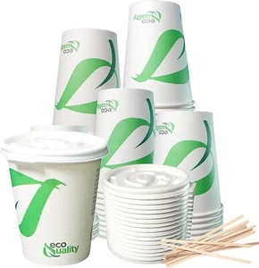 12oz Compostable Paper Cups with White Flat Lids and Wooden Stirrers 200pcs - Picture 1 of 7