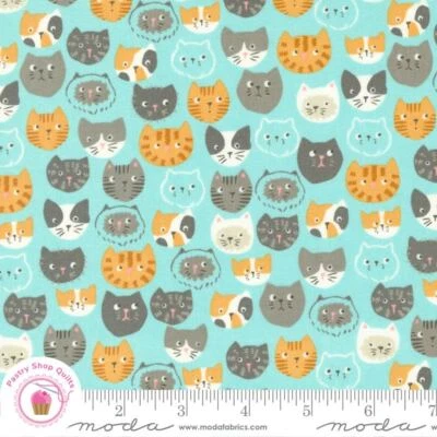 Moda HERE KITTY KITTY 20830 18 Aqua cats STACY IEST HSU Quilt Fabric - Image 1 of 4