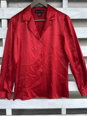 Август шелк красный кнопка вверх рубашка блузка размер 6 длинные рукава - Изображение 1 из 4