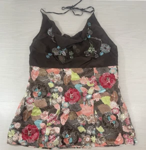Coast Halter Neck Top Silk Floral Brown Embroidered Summer Y2K Cowl Neck Size 12 - Bild 1 von 12