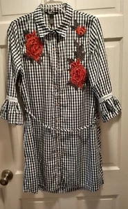 New With Tags Large Millenium B & W  Shirt Dress 3/4 Sleeves, Red Rose Appliques - Picture 1 of 7