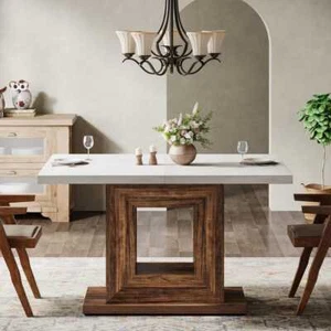 Farmhouse Brown Wood 47 in. Pedestal Dining Table Seats 4 for Kitchen/Dining - Picture 1 of 7