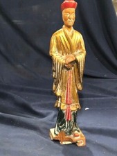 chinese carved wooden statue 1950s era scholar with gold gilt and red enamel 13 