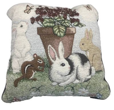 Vtg Kohl's Chenille Easter Tapestry Throw  Pillow Bunny Rabbits & Squirrel 16” - Image 1 of 4